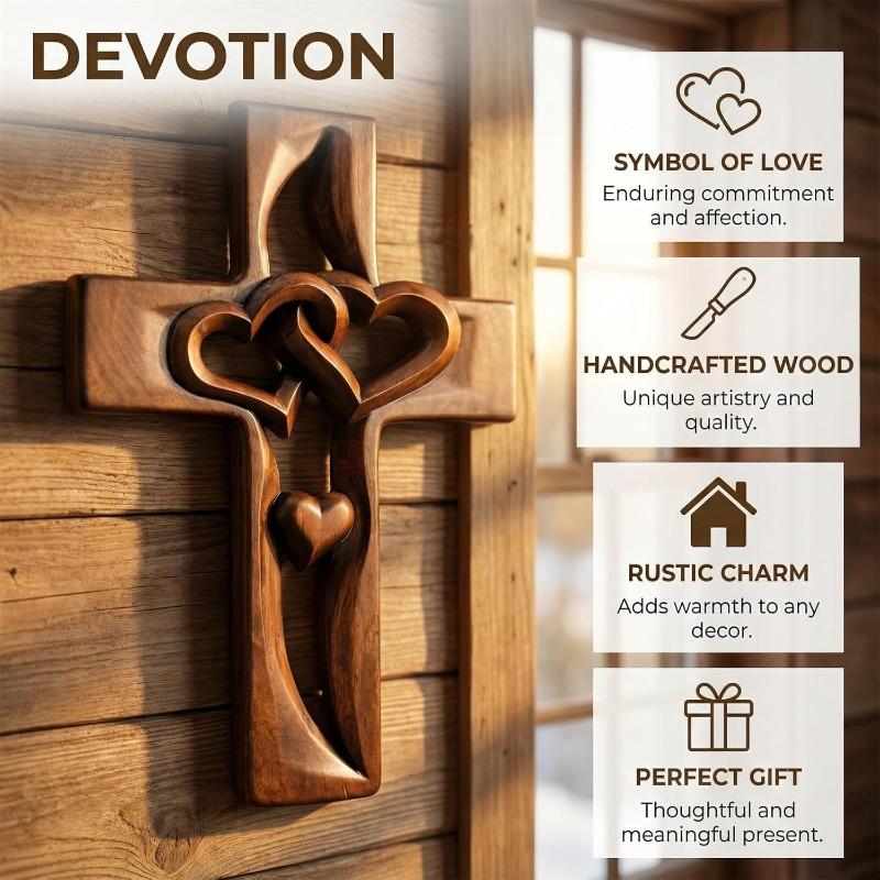Marriage Cross Wall Decor, Handmade Wooden Cross with Intertwined Hearts, Hand-Carved Wall Hanging, Valentine’s Day Easter Wedding Gift