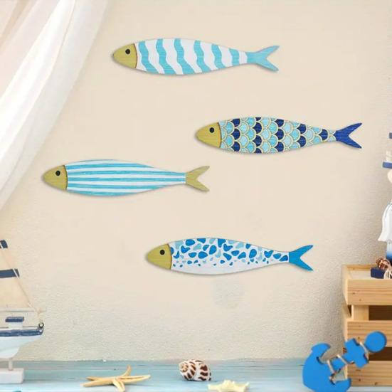4 Pcs Wooden Fish Wall Decor Nautical Coastal Wall Art Blue Fish Wall Sculpture Lake House Hanging Decor for Bathroom Bedroom