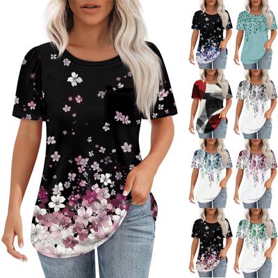 Футболки для женщин, плиссированные, с круглым вырезом, нарядные, повседневные, блузки с принтом, с коротким рукавом, летние топы, свободный крой