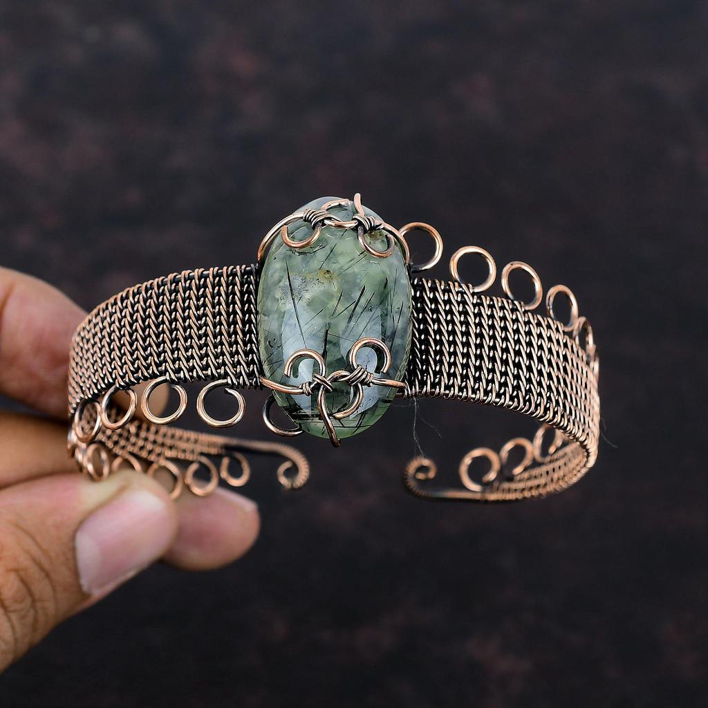 Moss Prehnite Bangle Copper Wire Wrapped Cuff Bracelet Handmade Copper Jewelry Adjustable Bangle Gemstone Stylish Jewelry Gift For Wedding