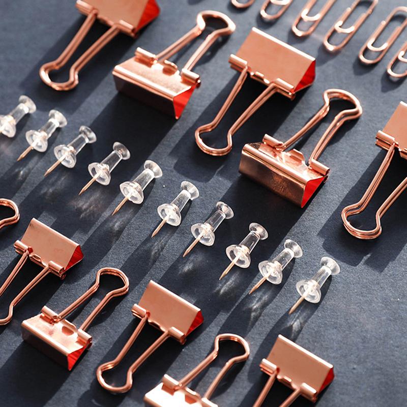 1 Box Color Binder Clips Paper Clips Push Pin Set Rose Gold Push Pins Cute Stationery For Office School Supplies