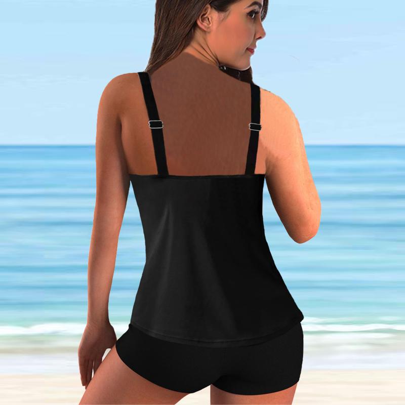 Women's Shoulder Strap Swimsuit Black Print Bikini Tankini Swimsuit