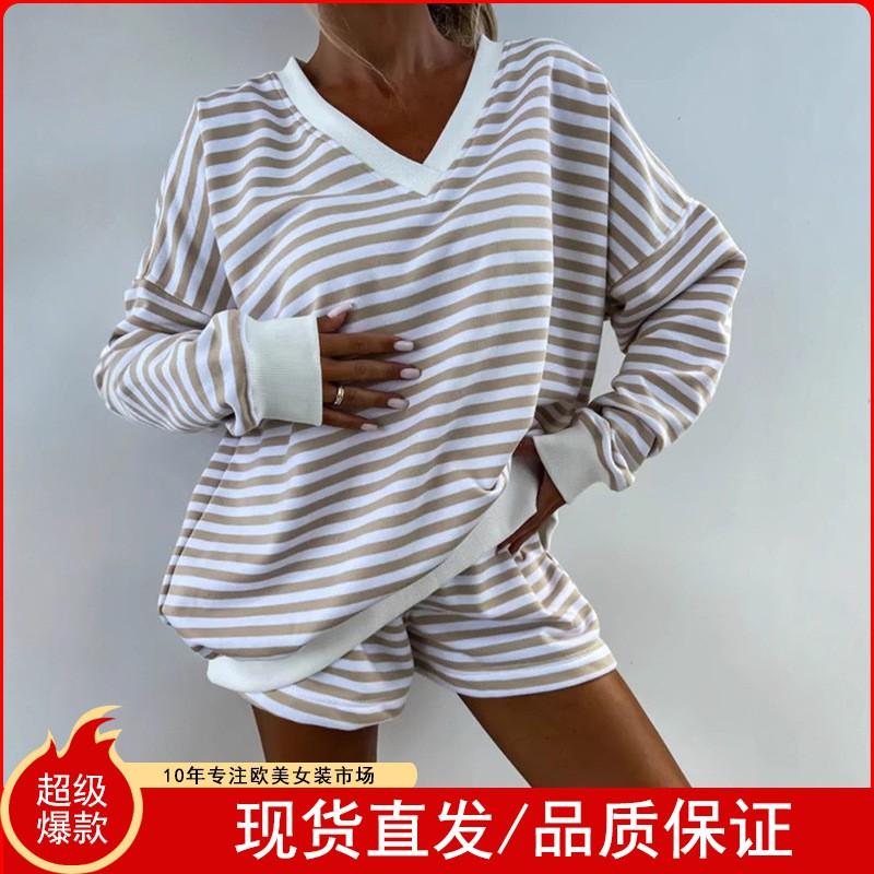Womens Casual Striped 2-Piece Set Long Sleeve V-Neck Loose Top Cropped Shorts Streetwear Outfit