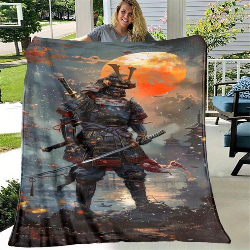 Vintage Samurai Warrior With Katana Sword Pattern Flannel Fleece Blanket Warm Plush Bed Throw for Living Room Office Travel