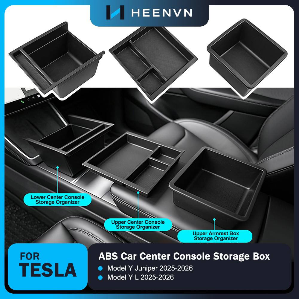 Heenvn Center Console Storage Box For Tesla Model Y Juniper Model YL 2025 2026 ABS Armrest Organizer Double-layer Storage Cover