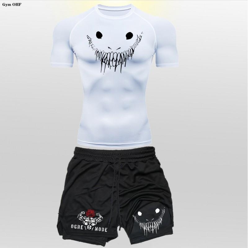 Mens Athletic 2-Piece Set: Quick-Dry Compression T-Shirt Shorts With Graphic Print Running Training Gym