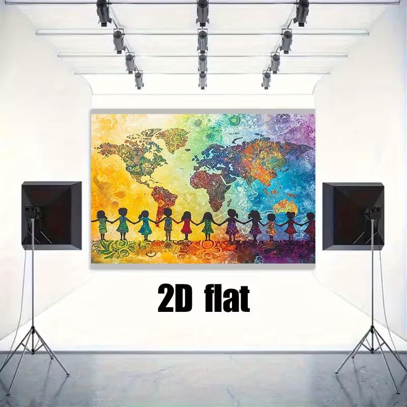 2D красочный фон с картой мира, фон с детьми, держащимися за руки
