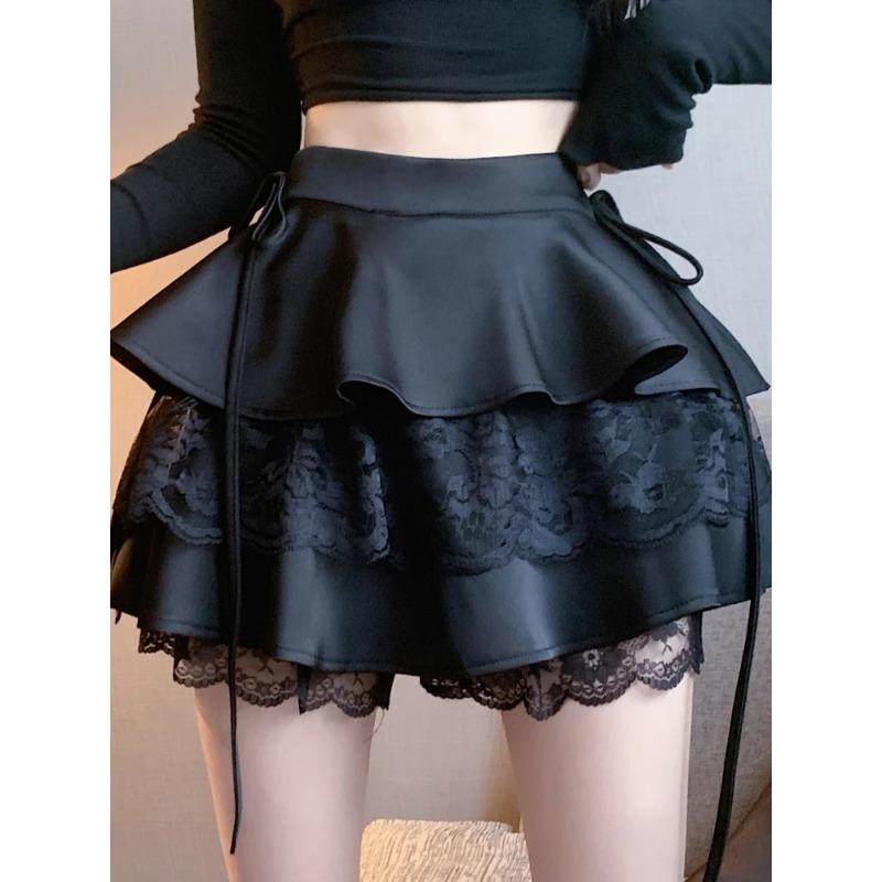 Pink Vintage Sweet Mini Skirt Women Lace-up Japanese Lolita Kawaii Cake Skirt Female Lace Korean Cute Fairy Skirts Autumn 2024