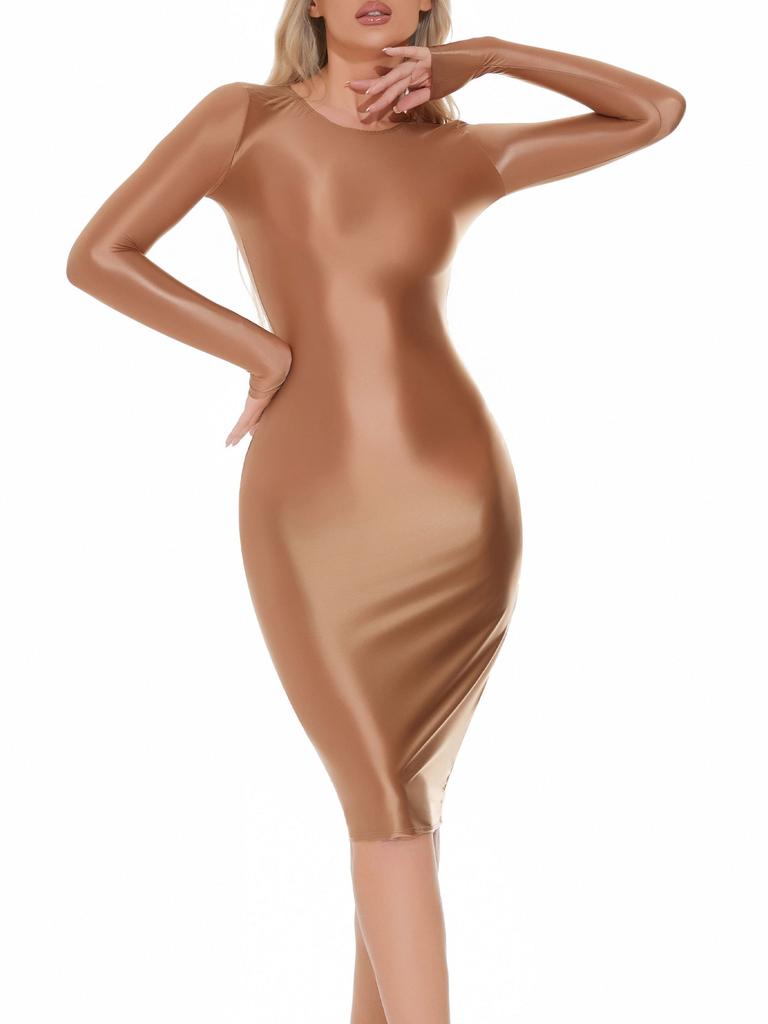 Women Oil-shiny Smooth Pencil Bodycon Dress Hip Wrap Miniskrt for Club Dating Disco Music Rave Party Costume Sexy Nightwear