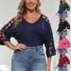Женский летний повседневный модный сексуальный удобный свободный топ большого размера с полым v-образным вырезом, однотонный топ с рукавами три четверти