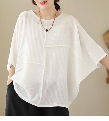 Летние футболки больших размеров для женщин, свободные, из хлопка и льна, с коротким рукавом, круглым вырезом, рукавом «летучая мышь»