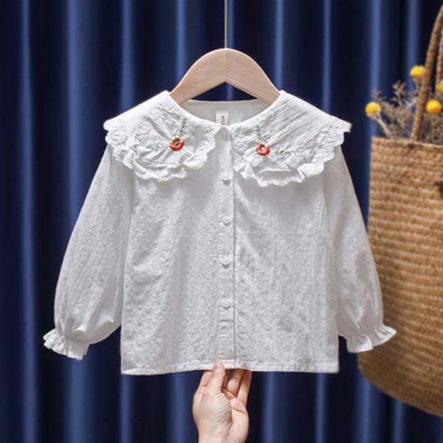 Рубашка с длинными рукавами для маленьких девочек, топ с цветочной вышивкой и лацканами, детская одежда