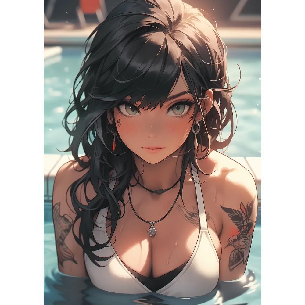 Fashion Sexy Girl in Pool Posters Anime Cartoon Japanese Style Prints Canvas Painting Wall Art Pictures Home Living Room Decor