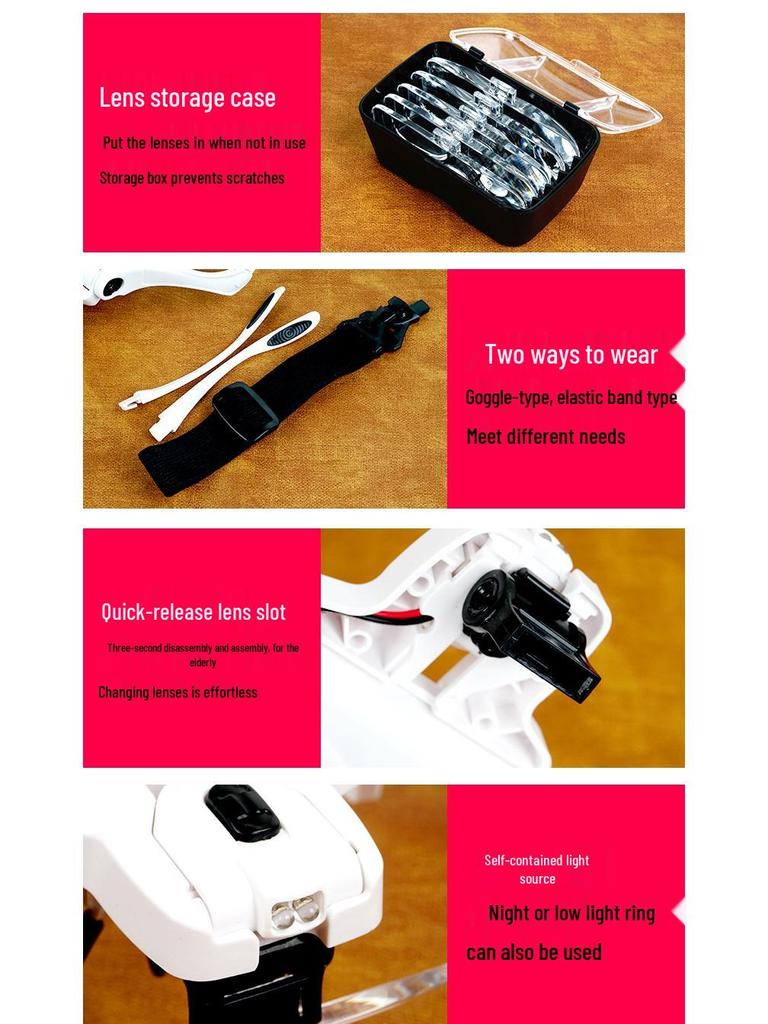 LED Head-Mounted Magnifying Glass for Circuit Board Repair, Eyelash Extension, and Nail Art