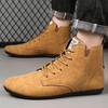 Men High Top Suede Casual Shoes with Brown Leather Lace Up Ankle Boots Cushioned Insoles Anti Slip Black Sole Retro Style Boots