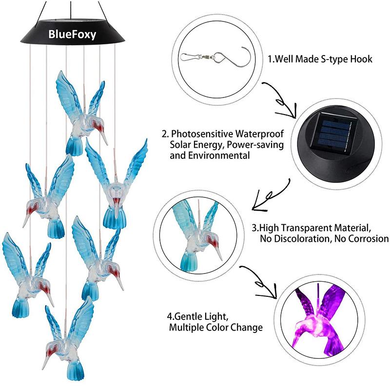 Синие колокольчики ветра Генерация солнечной энергии Для двора Наружное украшение Подвеска колокольчиков ветра Солнечный колокольчик ветра с колибри