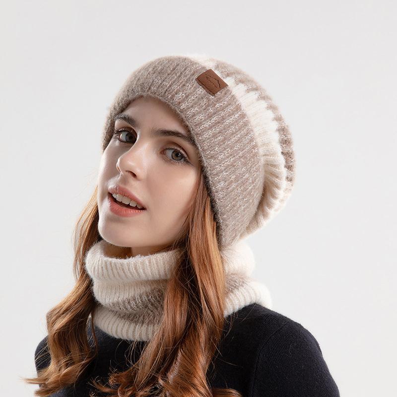 Зимние теплые шапочки Skullies, комплект для женщин, вязаные шапки, толстая плюшевая лыжная шапка с ушками и шарфом, уличные ветрозащитные шапки для живой изгороди