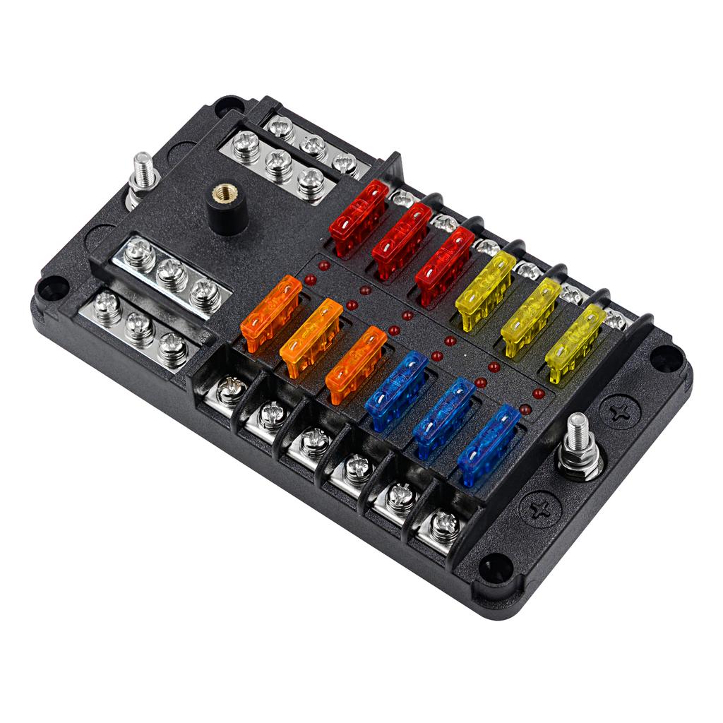 Automotive Marine Boat Fuse Block Waterproof 12 Way with 12 Ground Negative Busbar [100 Amp Max] [ATC/ATO Fuses] [LED Indicator] for Car RV Golf Cart