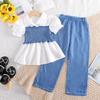 New 2025 Summer Children Fashion Two-piece Set for Girls Top + Wide-leg Pants Blue Suit School Uniform