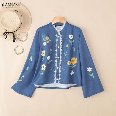 Женская повседневная блузка с воротником-стойкой и длинным рукавом с цветочным принтом