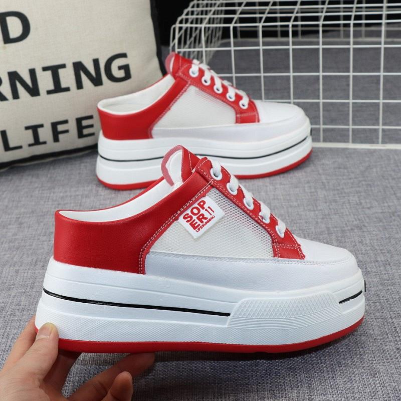 Fashion 8cm Round Toe Semi-slippers Women's Outer Wear Summer New Mesh Breathable No Heel Inner Heightened Slip-on White Shoes Sneakers