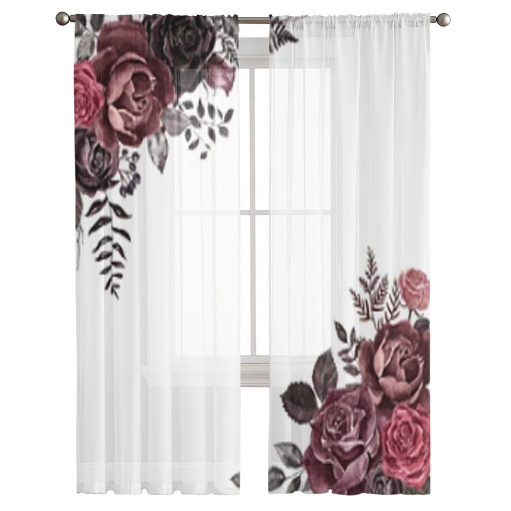 Темно-красные и бордовые розы, прозрачные шторы для гостиной, окна, прозрачная вуаль, тюлевая занавеска, шторы для спальни, домашний декор