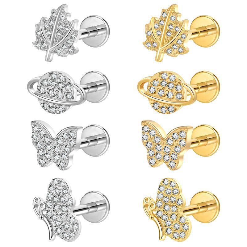 Cross-Border Hot Selling Titanium Alloy Earrings Light Luxury Zircon Maple Leaf Tongue Nose Puncture Fashion Piercing Jewelry