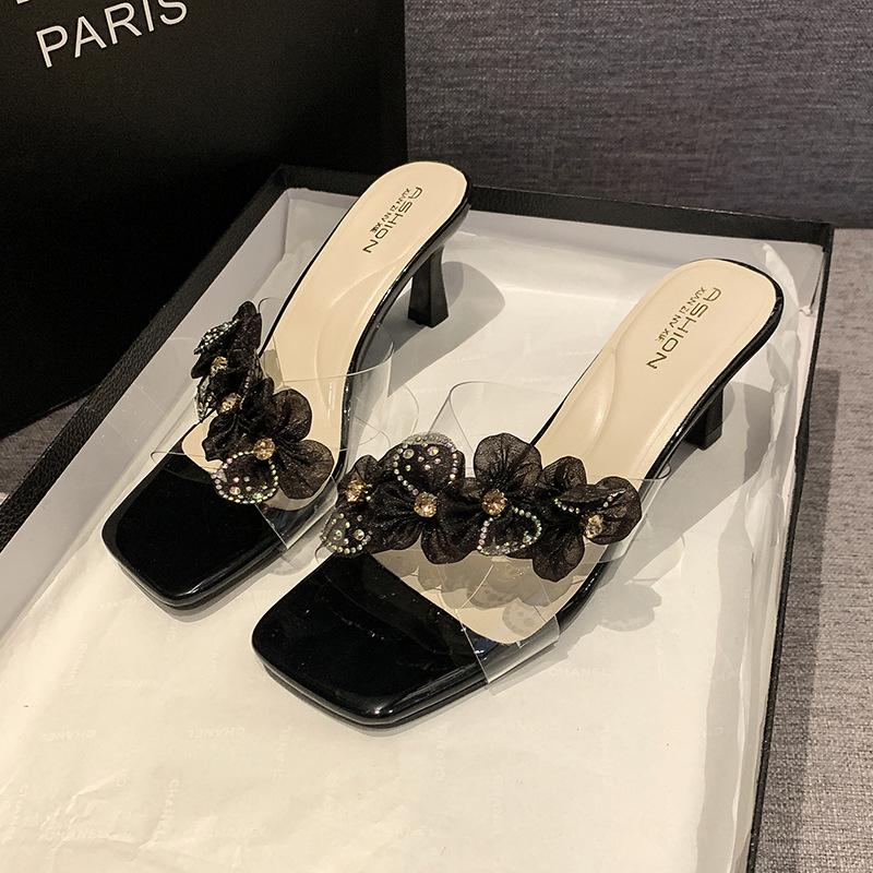 Женские тапочки 2025 лето новые милые цветы прозрачный кристальный каблук особой формы на высоком каблуке крутые тапочки женские