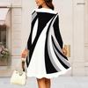 Women Plus Size Round Neck Long Sleeve Black White Printed Gathered Waist A Line Flared Dress