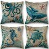 Marine Life Turtle Seahorse Whale Octopus Cushion Cover Pillow Cover Retro Linen Fabric 45x45cm