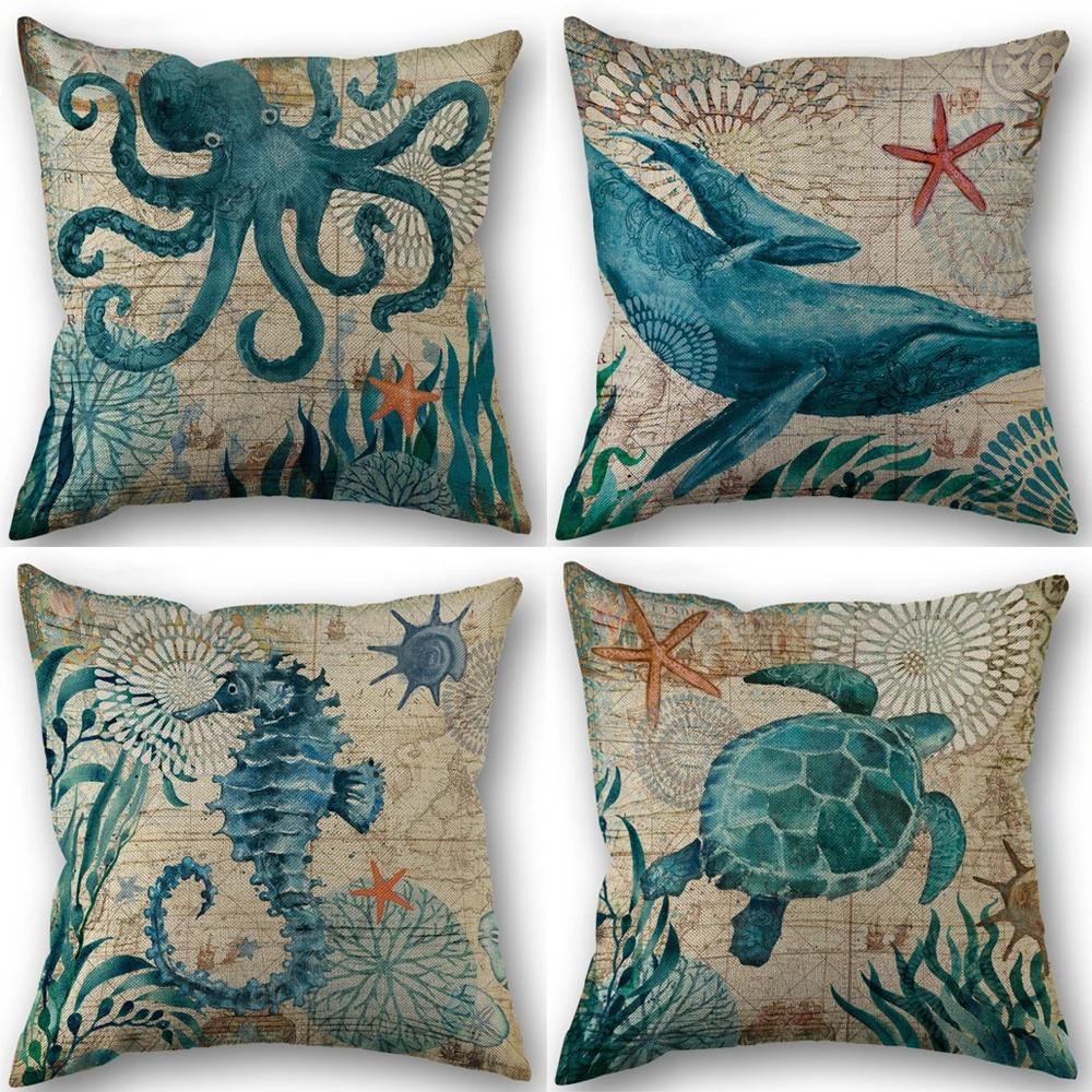 Marine Life Turtle Seahorse Whale Octopus Cushion Cover Pillow Cover Retro Linen Fabric 45x45cm