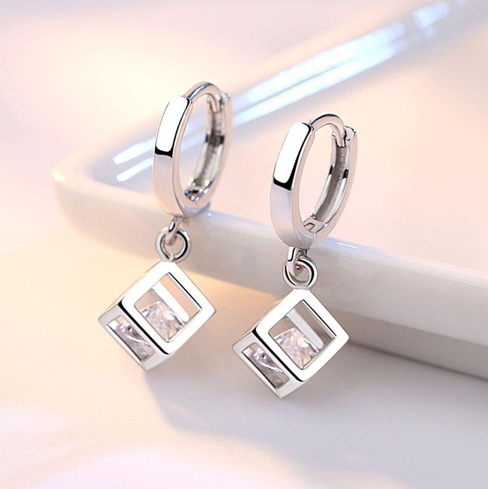 New 925 Sterling Silver Women Earrings Square Pendant Fashion Luxury A Pair White Diamond Earrings Jewelry Gift