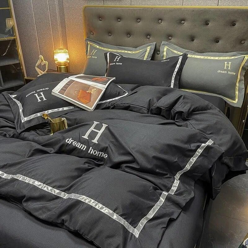 4 Pcs Light Luxury Polyester Cotton Sheets for Bed Solid Colour Full Queen King Size Bed Comforter Set with Duvet Cover