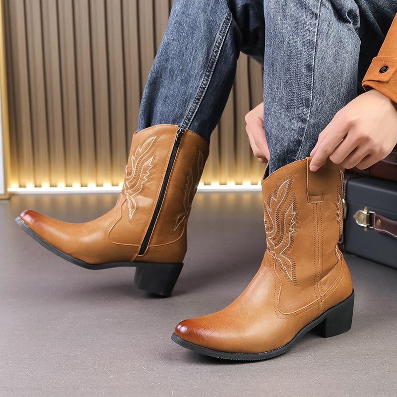 Mens Western Cowboy Boots Classics Hand Embroidery Leather Boots Fashion Mid-calf Motorcycle Booties Luxury Men's Business Boots