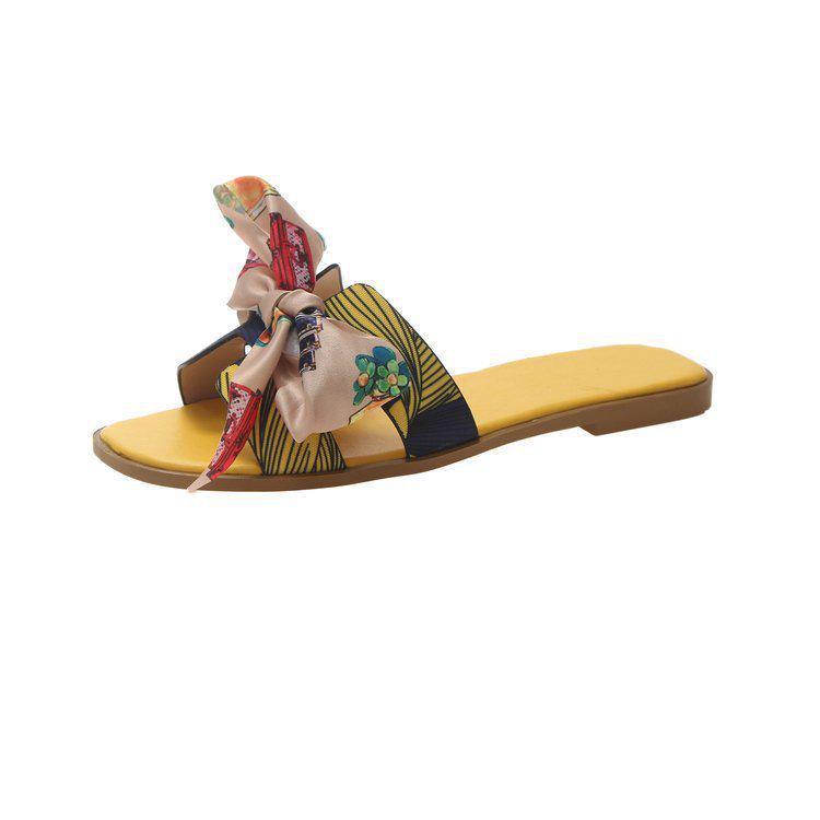 Тапочки с цветной лентой и бантом на плоской подошве, летняя женская новая верхняя одежда с цветочным принтом