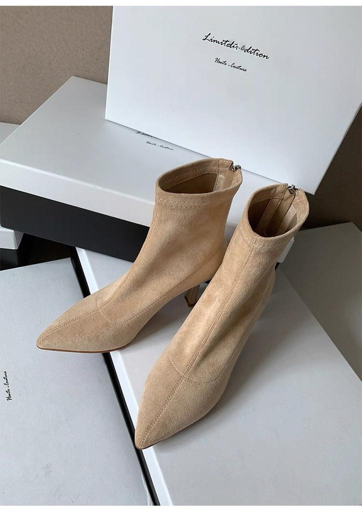 Pointed high heels women's new autumn and winter thin heel suede short boots velvet small elastic thin boots