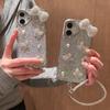 For iPhone 16 Case Rhinestone Bowknot Decor Epoxy Hybrid Phone Cover with Strap