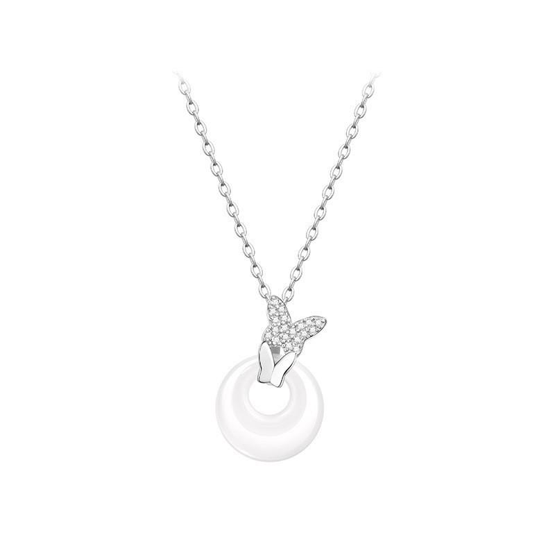 S925 Sterling Silver Butterfly Love Peace Buckle Necklace Women Versatile China-Chic Design New Jewelry White Jade Pith Butterfly Pendant