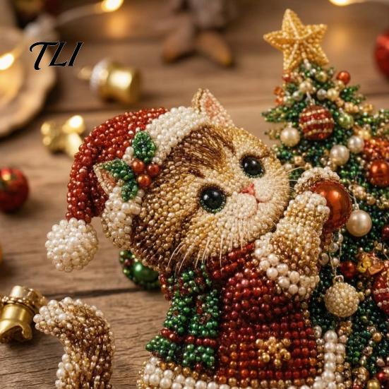 Creative Hobby for Women Christmas Cat Faux Pearl Art Kit with Frame, Kitty Painting DIY Beginners Kit, 3D Bead Wall Craft Adults, Handmade