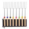 8pcs 32inch BBQ Barbecue Fork 304 Stainless Steel Scalable for Outdoor Camping Campfire, Wooden Handle Barbecue Stick