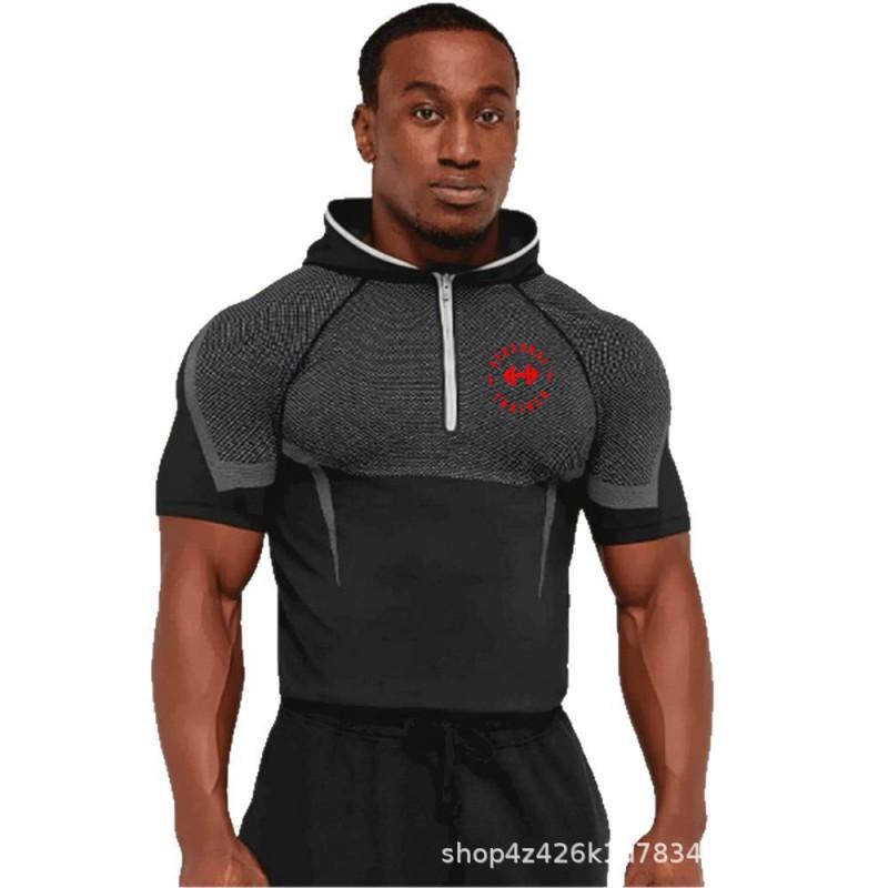 Mens Hooded Half-Zip Performance Basketball Training Top Quick-Dry Stretch Fit Athletic Shirt