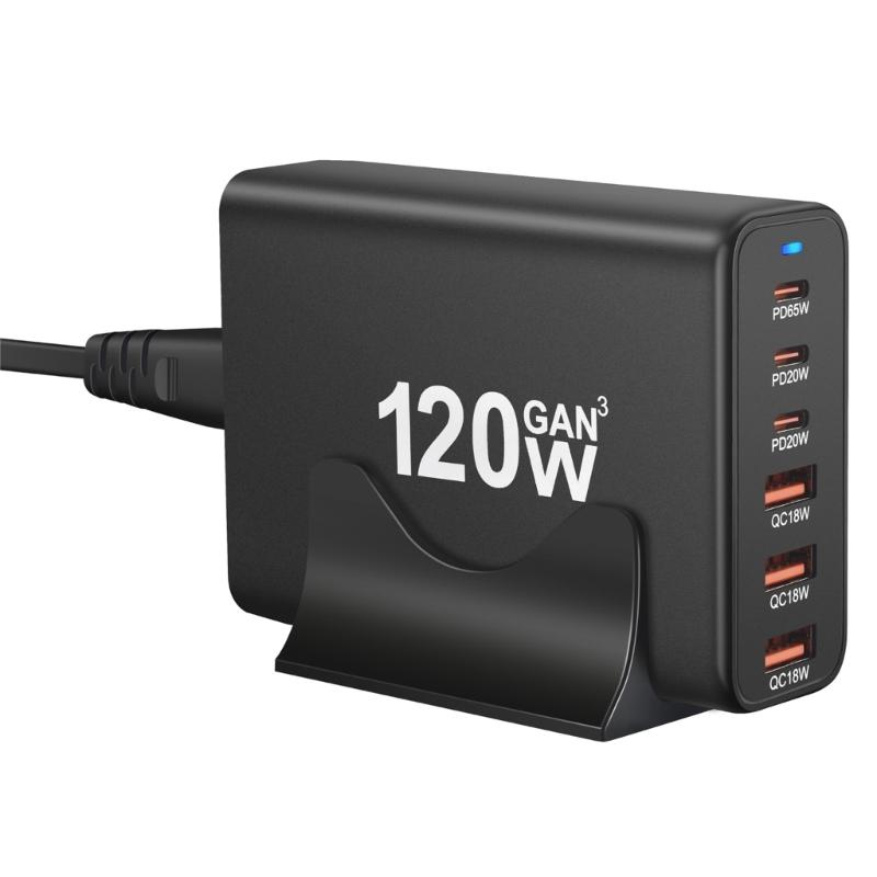 Портативная зарядная станция USB мощностью 120 Вт с 6 портами, 3 Type C PD и 3 USB A для одновременной зарядки телефонов, планшетов и других устройств