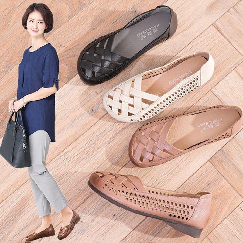 Женская однотонная обувь из мягкой кожи, летние женские удобные нескользящие туфли на плоской подошве, полые сандалии на плоском каблуке.