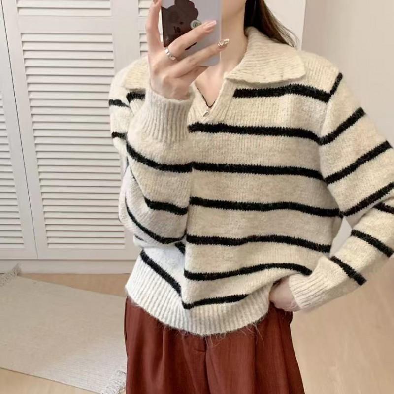 Womens Polo Neck Striped Sweater Contrast Color Loose Fit Fall Knit Top