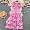 Summer French One Line Neck Fragmented Flower Dress Pleated Waist Wrapped High Grade Sweet Dress
