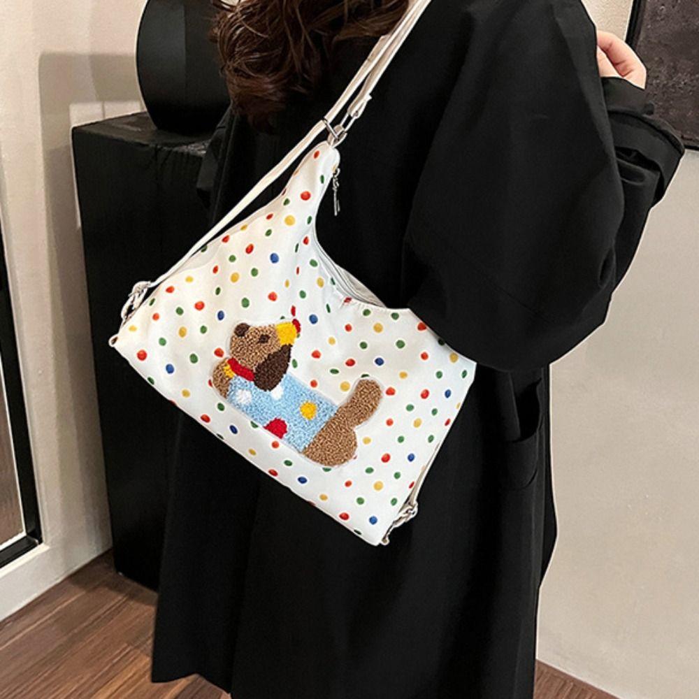 Korean Style Polka Dot Tote Bag Dopamine Cartoon Handbag Puppy Embroidery Shoulder Bag Travel
