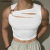 Men Summer Sleeveless Irregular Cutout Stretch Rib Short Tank Tops