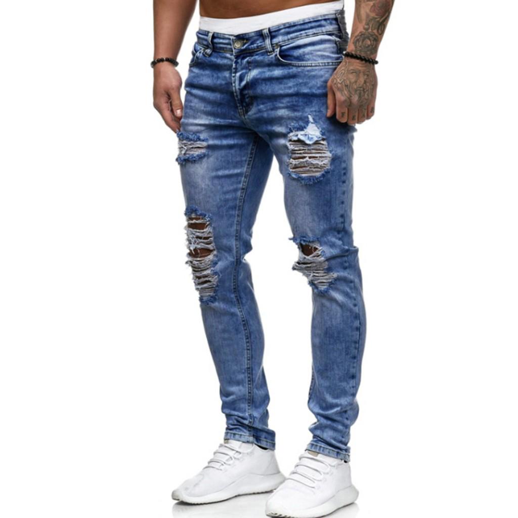 Men's Fashion Denim Hole Trouser Distressed Jeans Long Pencil Pants Streetwear