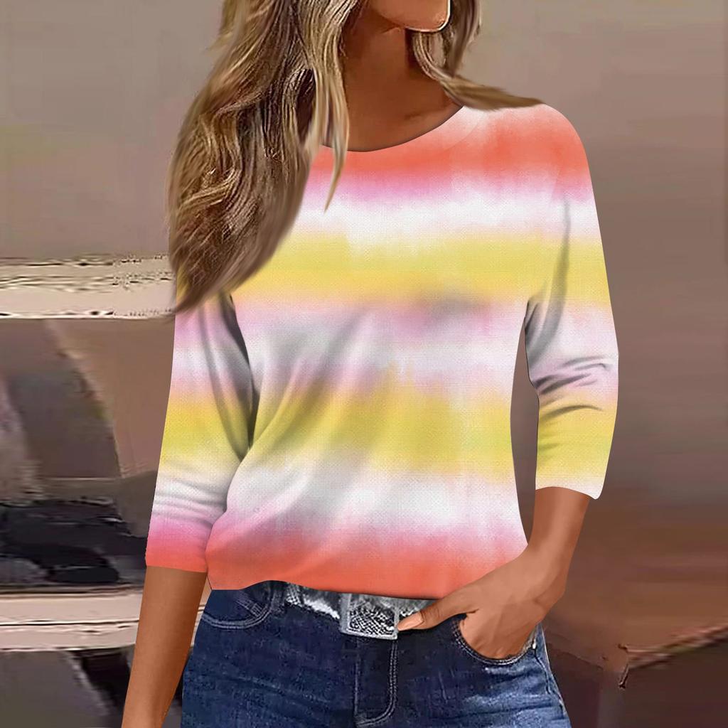 Women's Fashion Casual Round Neck 3/4 Sleeve Loose Printed T-Shirt Ladies Top