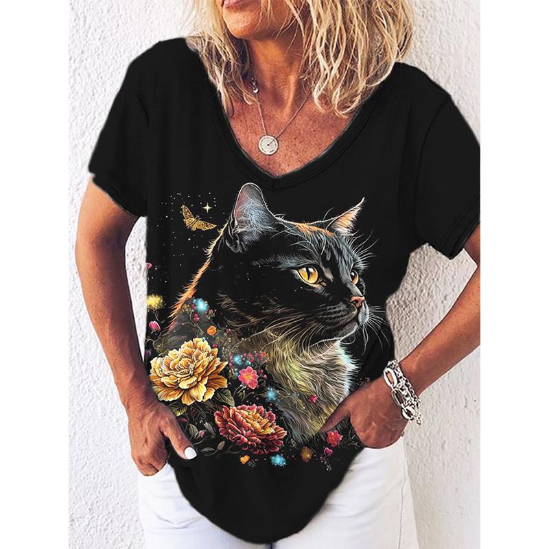 Женские футболки с принтом 3D Cat, эстетичные топы, футболки с коротким рукавом и V-образным вырезом, женская одежда, свободные модные повседневные черные футболки
